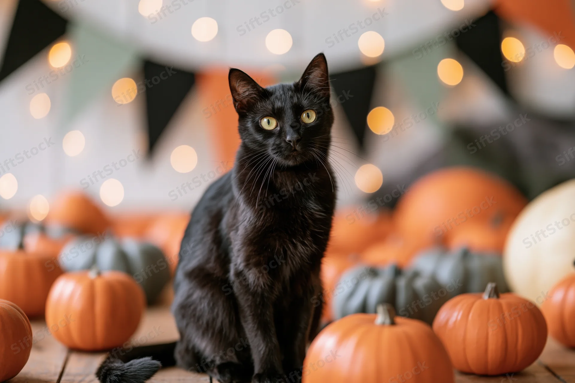 Black cat sitting alert among scattered orange and grey pumpkins on wooden table with festive lights and banner in background