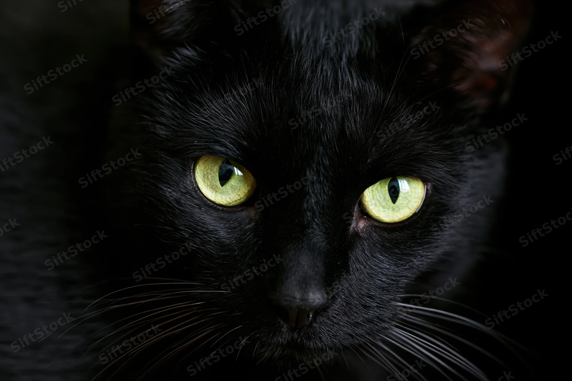 Black cat staring directly into camera with intense yellow eyes in closeup portrait