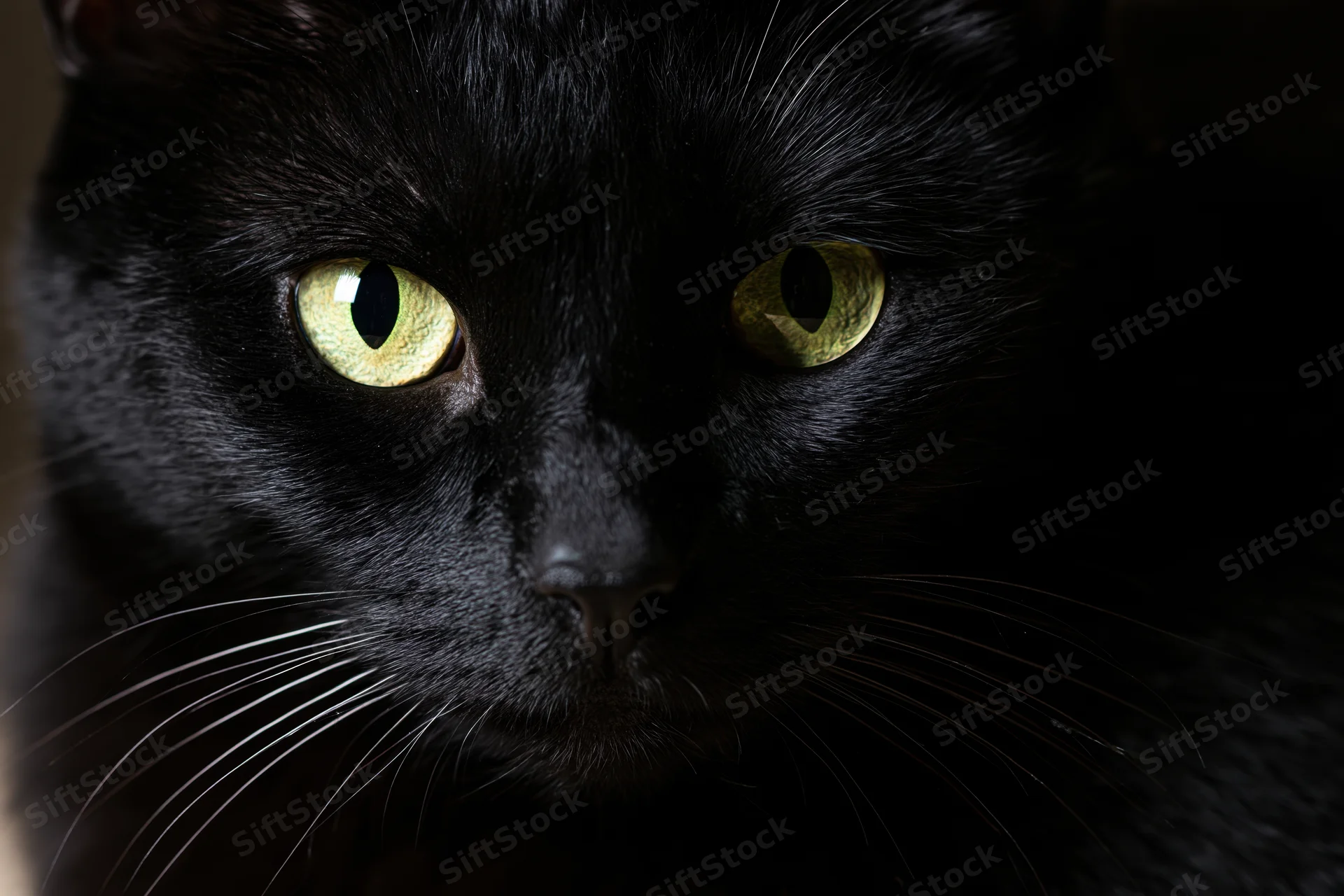 Black cat staring directly into camera with intense yellow eyes in closeup portrait