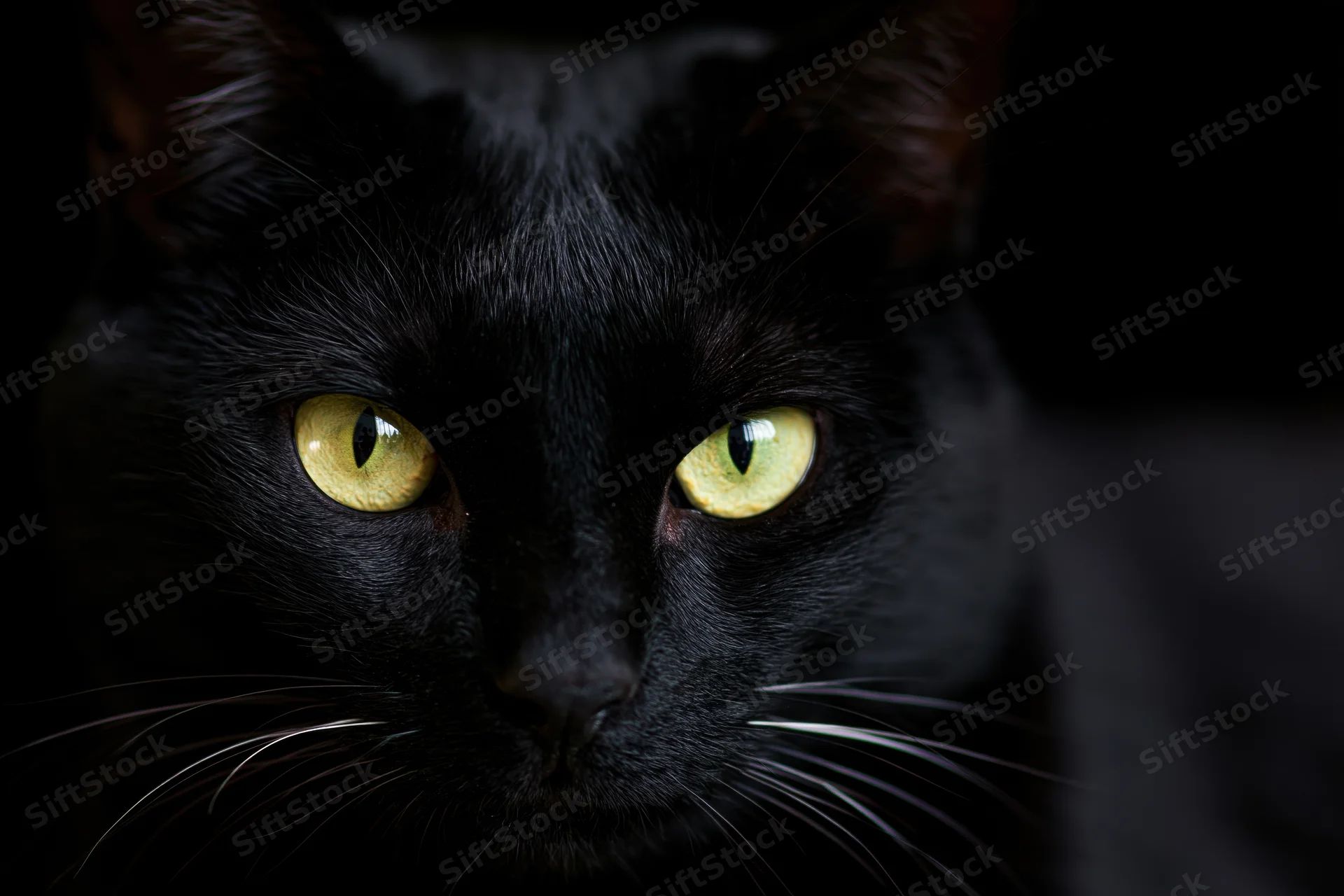 Black cat staring directly into camera with intense yellow eyes in closeup portrait