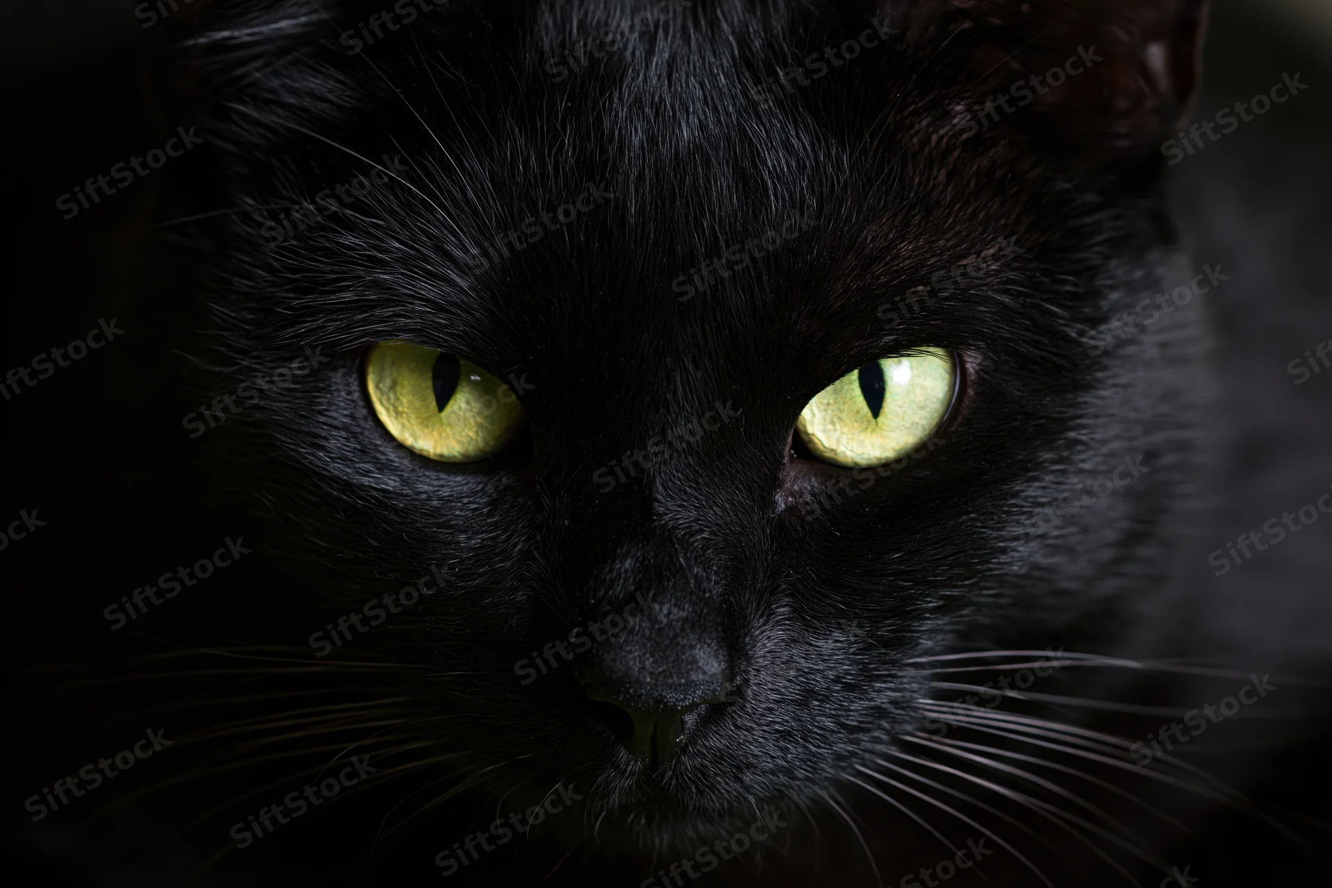 Black cat staring directly into camera with intense yellow eyes in closeup portrait