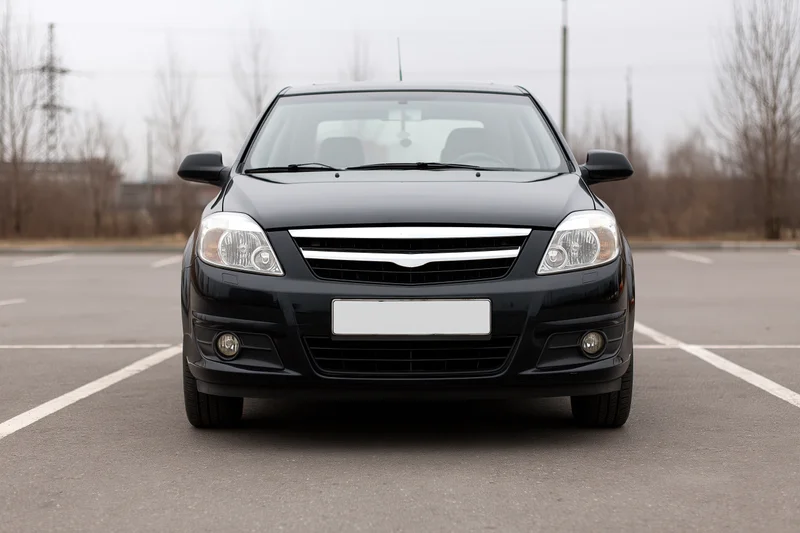 Black compact sedan parked front view in empty asphalt lot