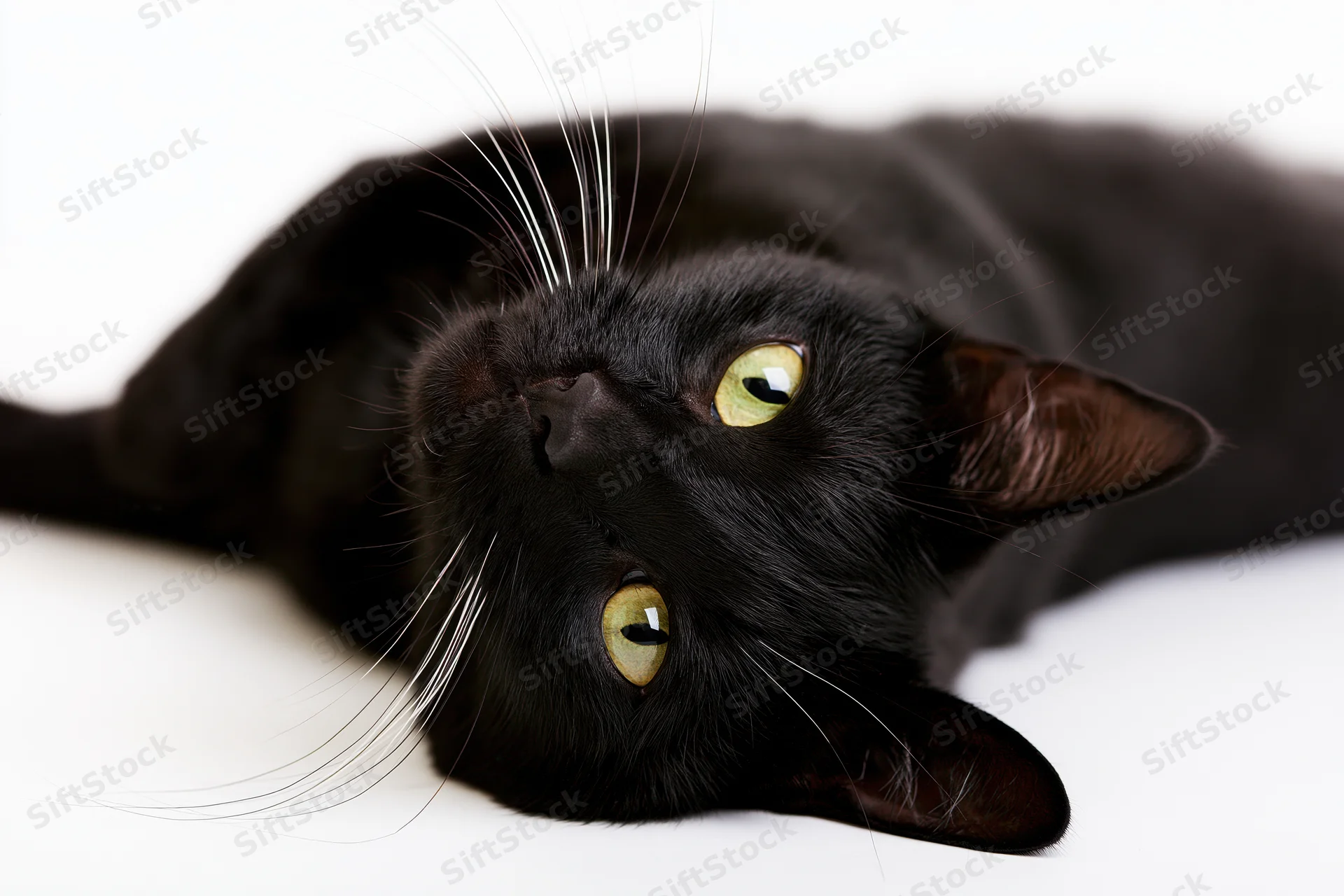 Black domestic cat lying on its side with head tilted upward on white background