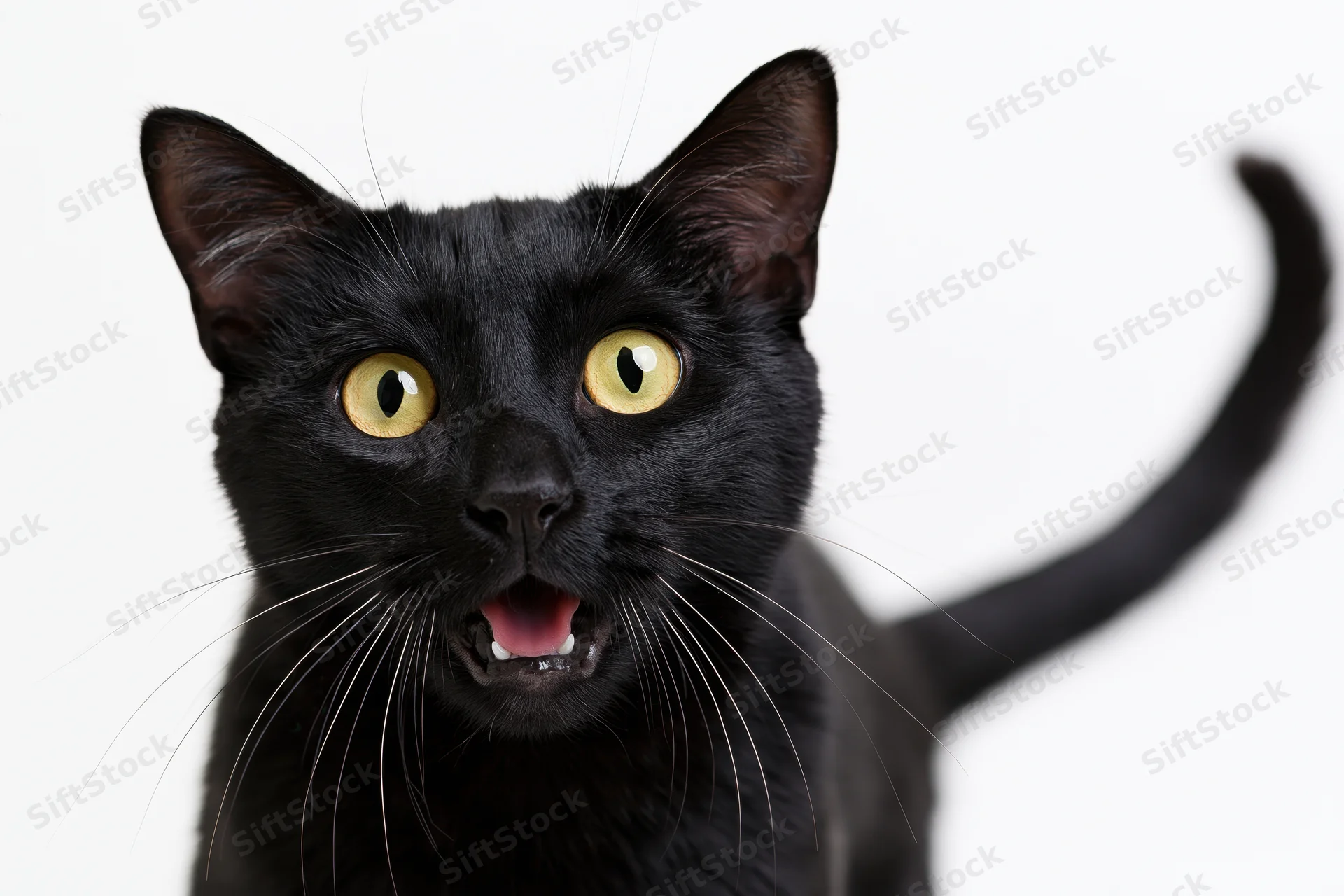 Black domestic shorthair cat with wide yellow-green eyes and open mouth in studio portrait against white background