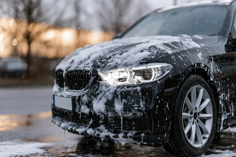 Black luxury sedan covered in white soap foam during outdoor car wash in winter