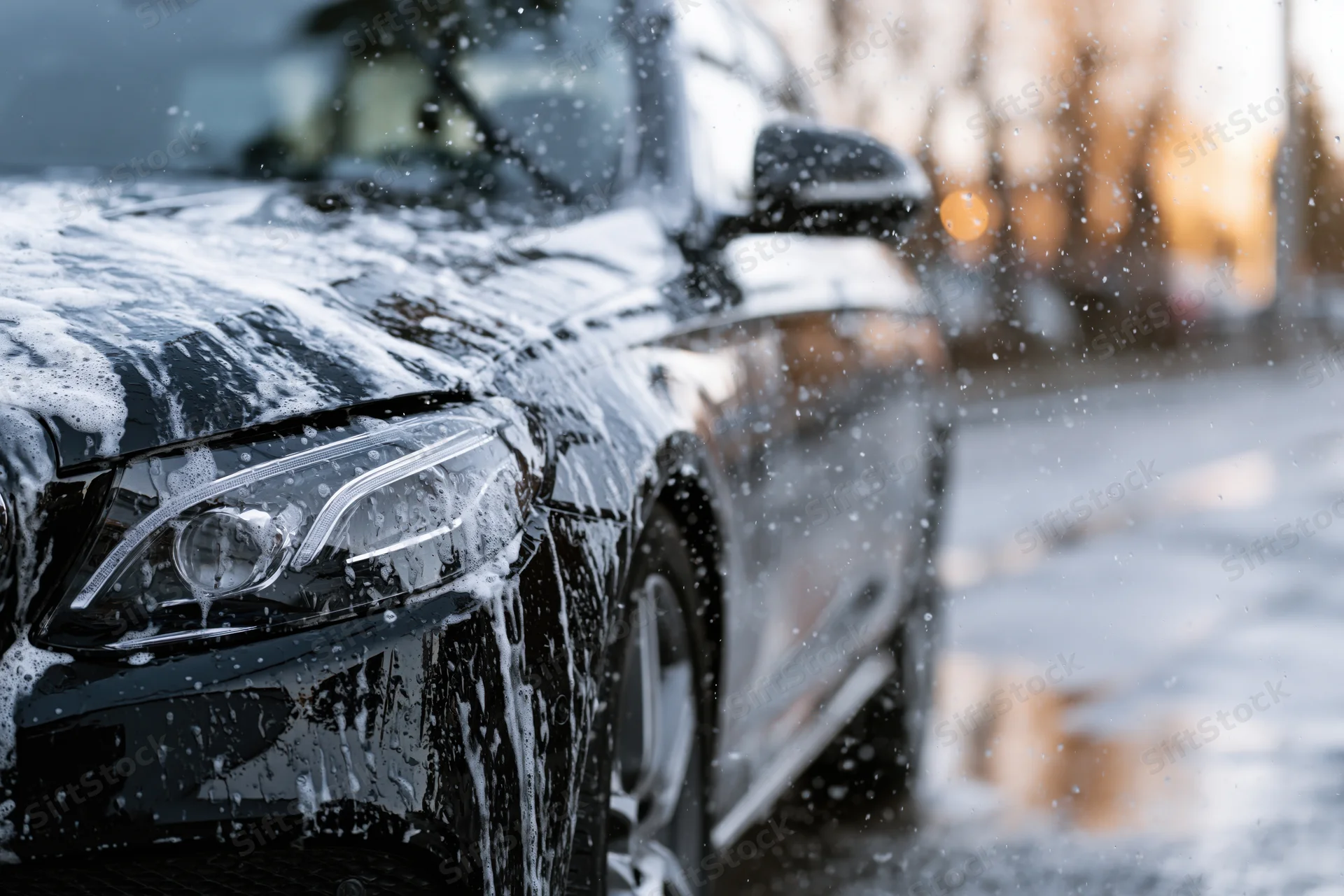 Black luxury sedan covered in white soap foam being washed outdoors on a wet street