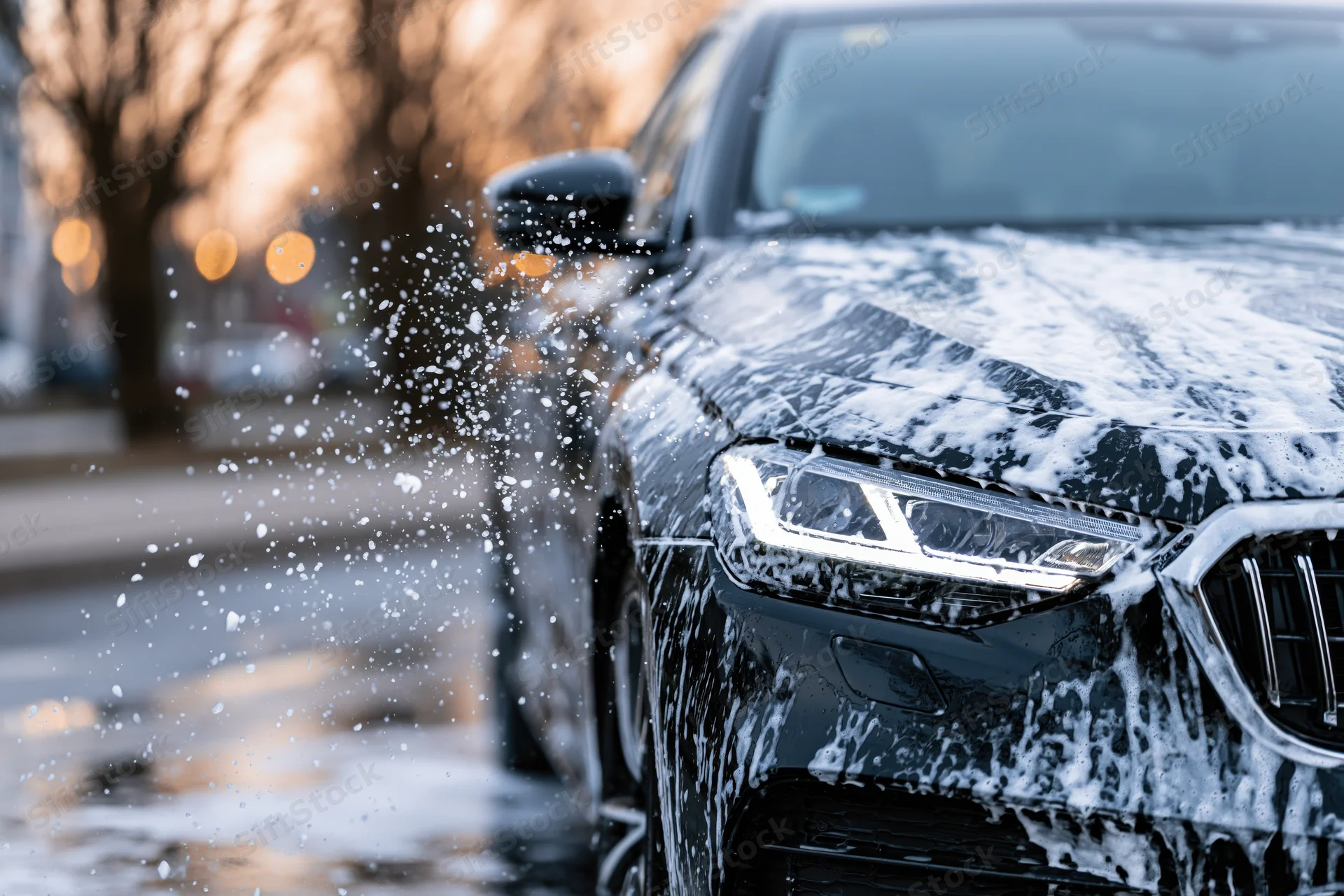 Black luxury sedan covered in white soap foam being washed outdoors on a wet street