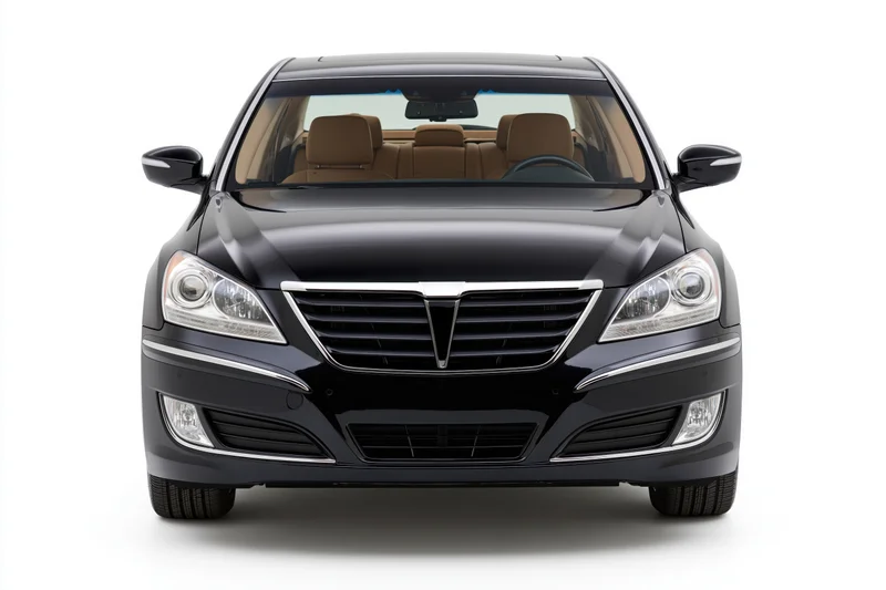 Black luxury sedan viewed straight-on from front against white background