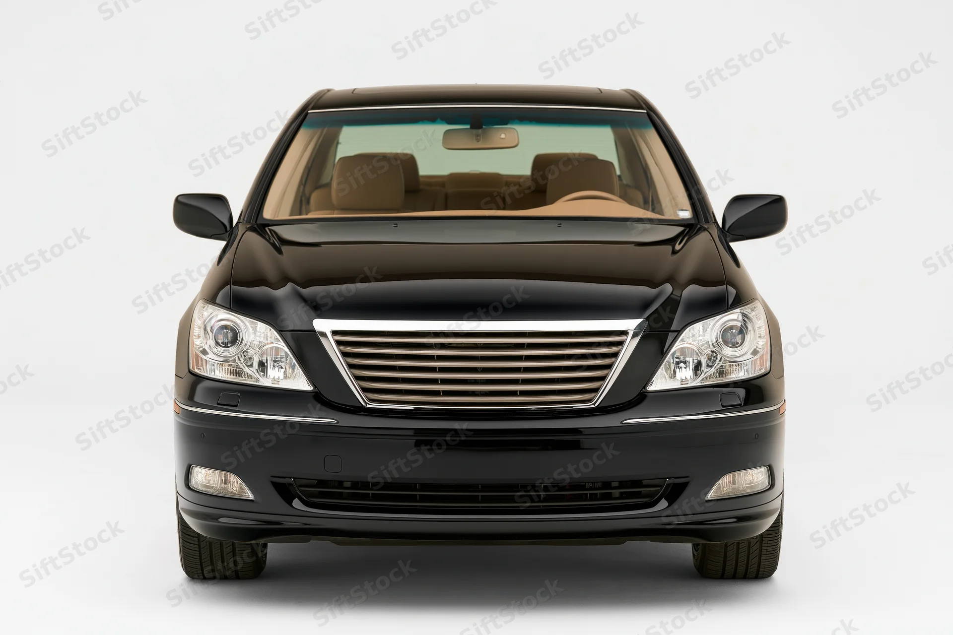 Black luxury sedan viewed straight-on from front against white background