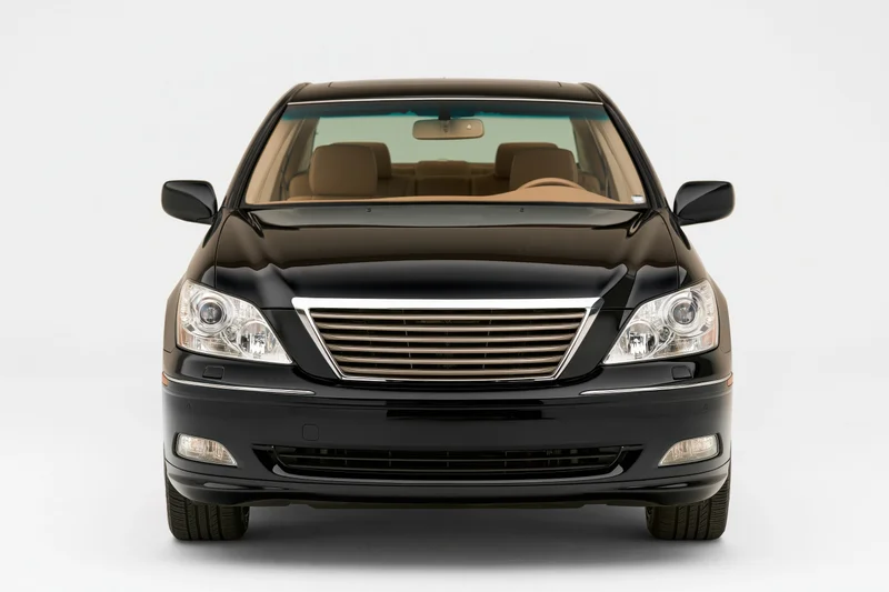 Black luxury sedan viewed straight-on from front against white background