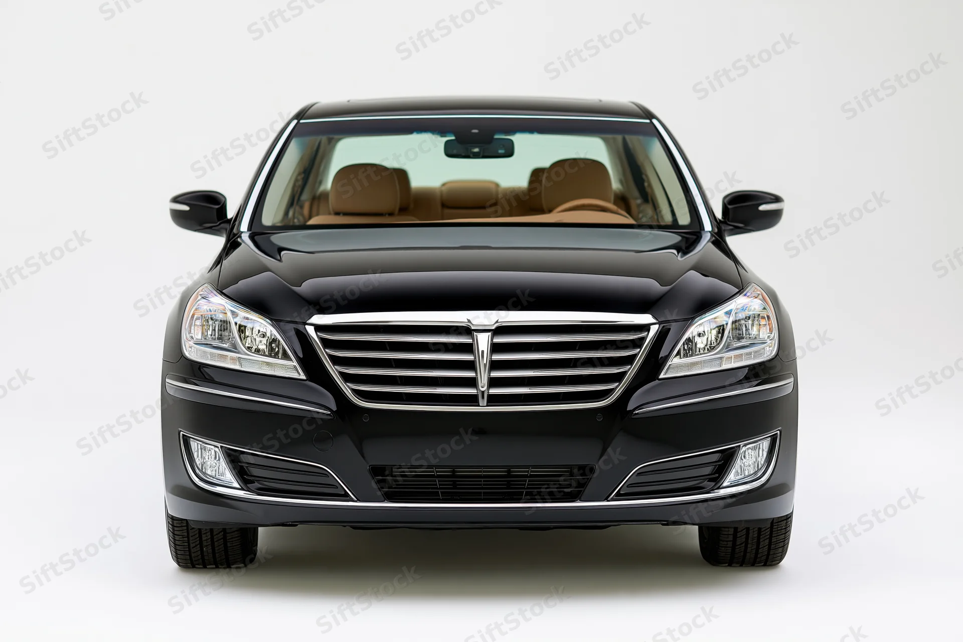 Black luxury sedan viewed straight-on from front in studio setting