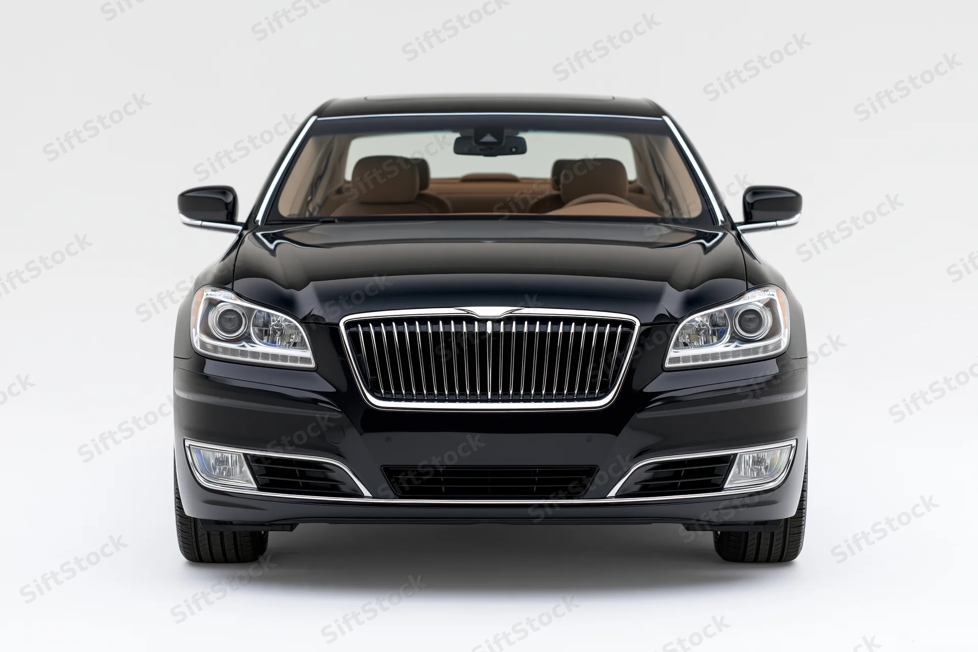 Black luxury sedan front view isolated on white background
