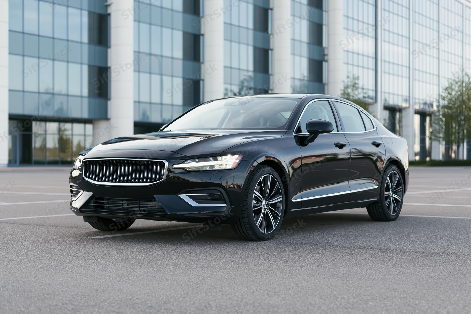 Black executive sedan parked on asphalt lot in front of modern glass building