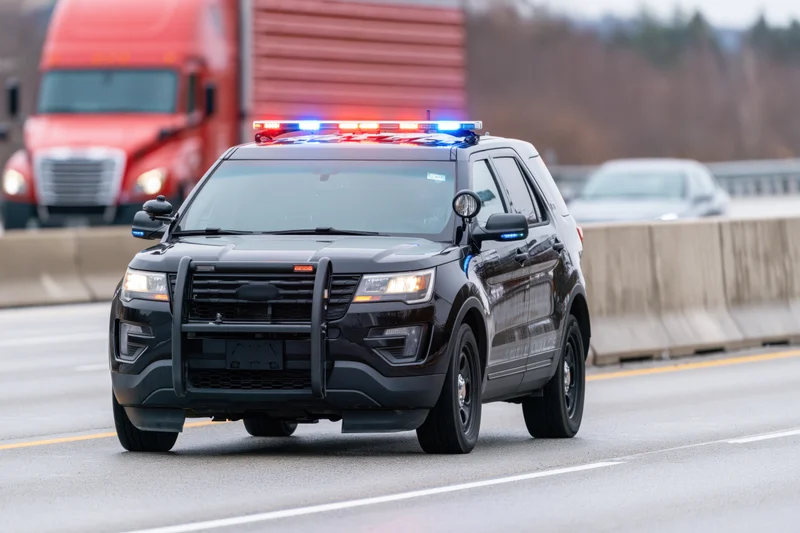 Black police suv with flashing lights and push bumper driving on highway