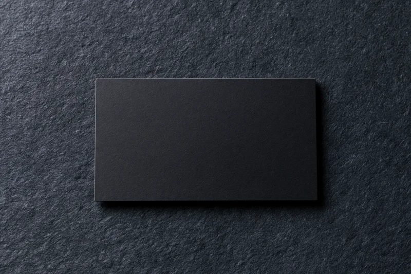 Blank black matte business card lying flat on dark charcoal textured surface