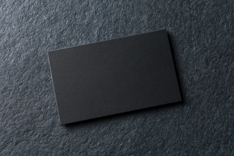 Blank black matte business card lying flat on dark charcoal textured surface