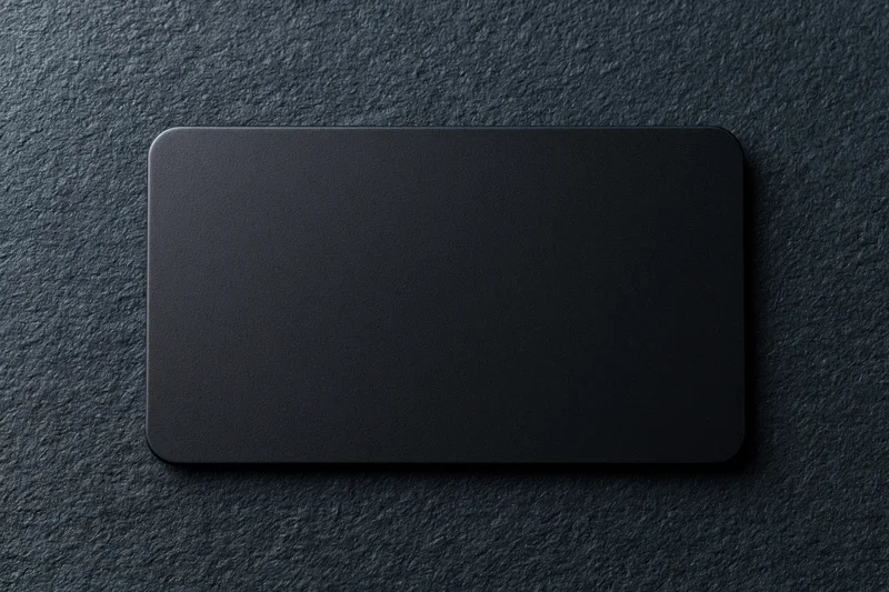 Blank black matte business card lying flat on dark charcoal textured surface