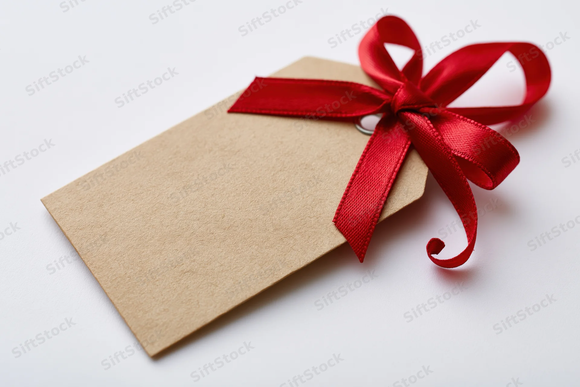 Blank kraft paper gift tag with red satin ribbon bow on white surface