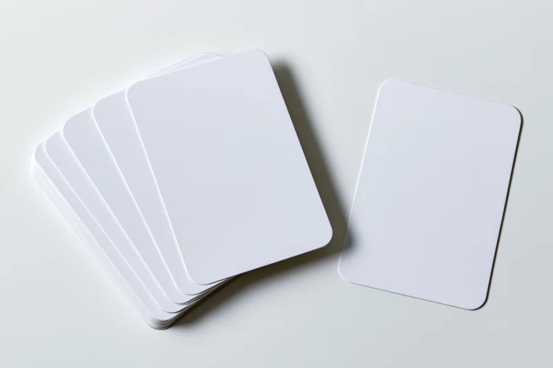 Blank white cards with rounded corners arranged in a stack and one separate on a plain surface