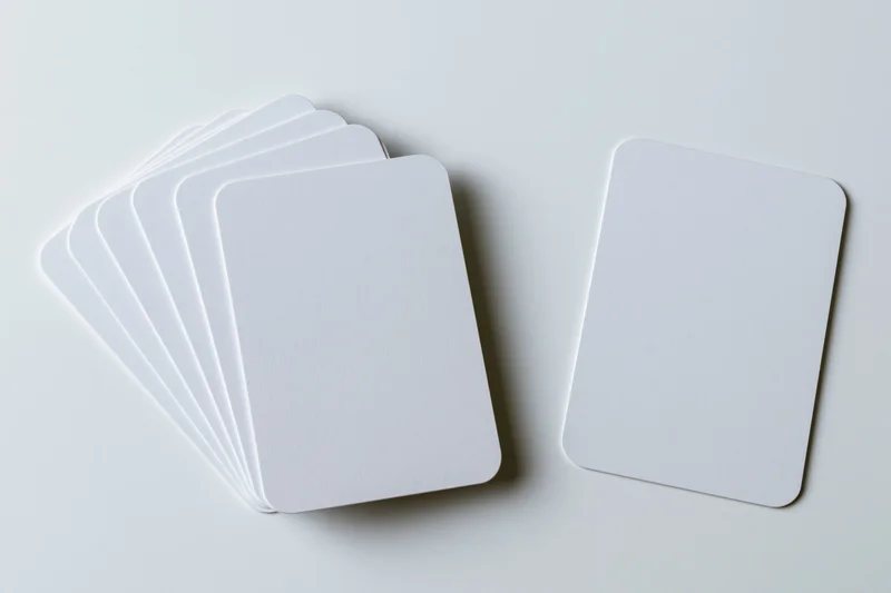 Blank white cards with rounded corners arranged in a fanned stack and single card on a clean white surface