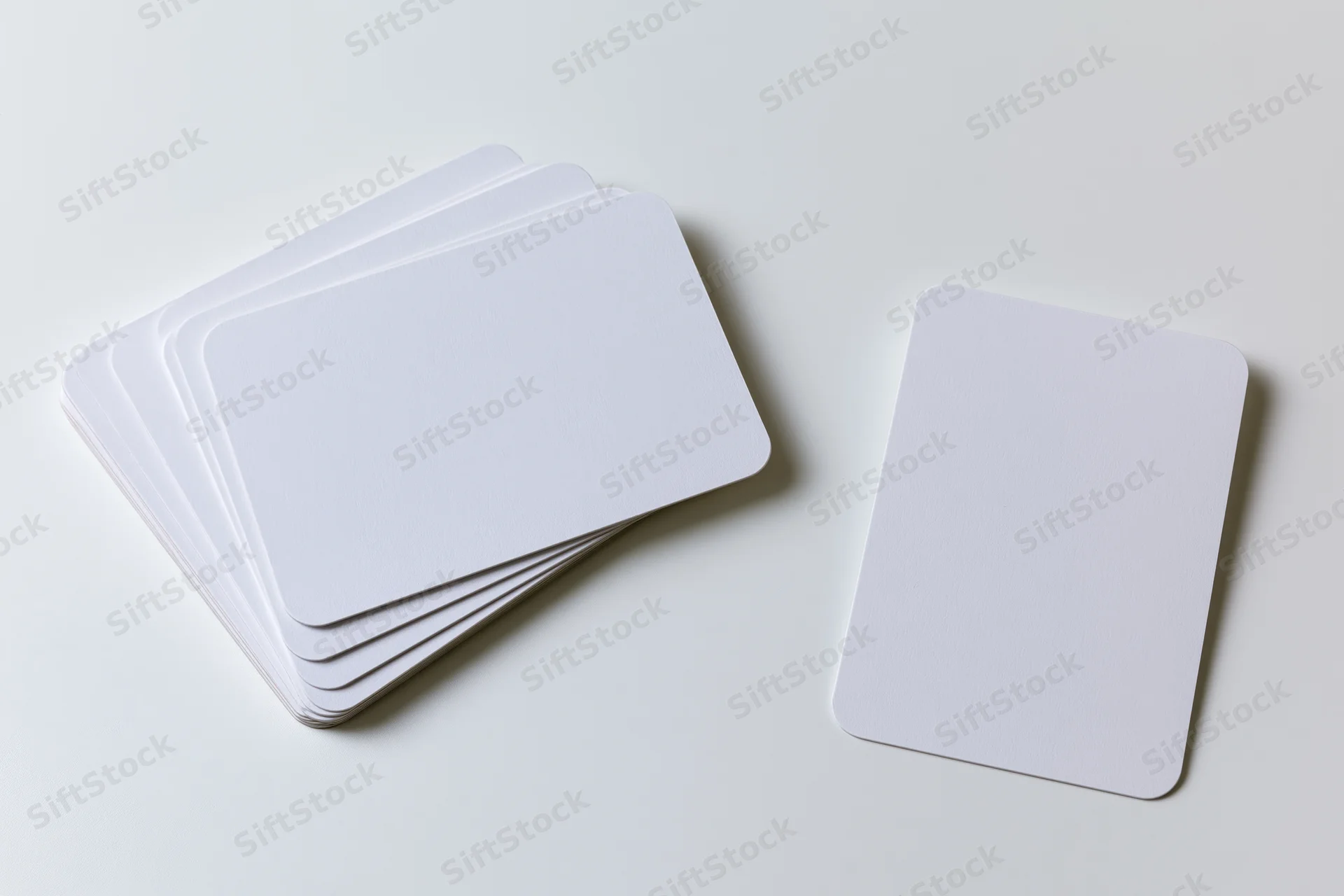 Blank white cards with rounded corners arranged in a stack and one separate on a clean white surface