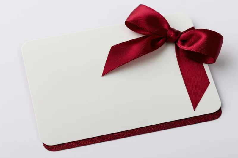 Blank white gift card with red satin ribbon bow on white background