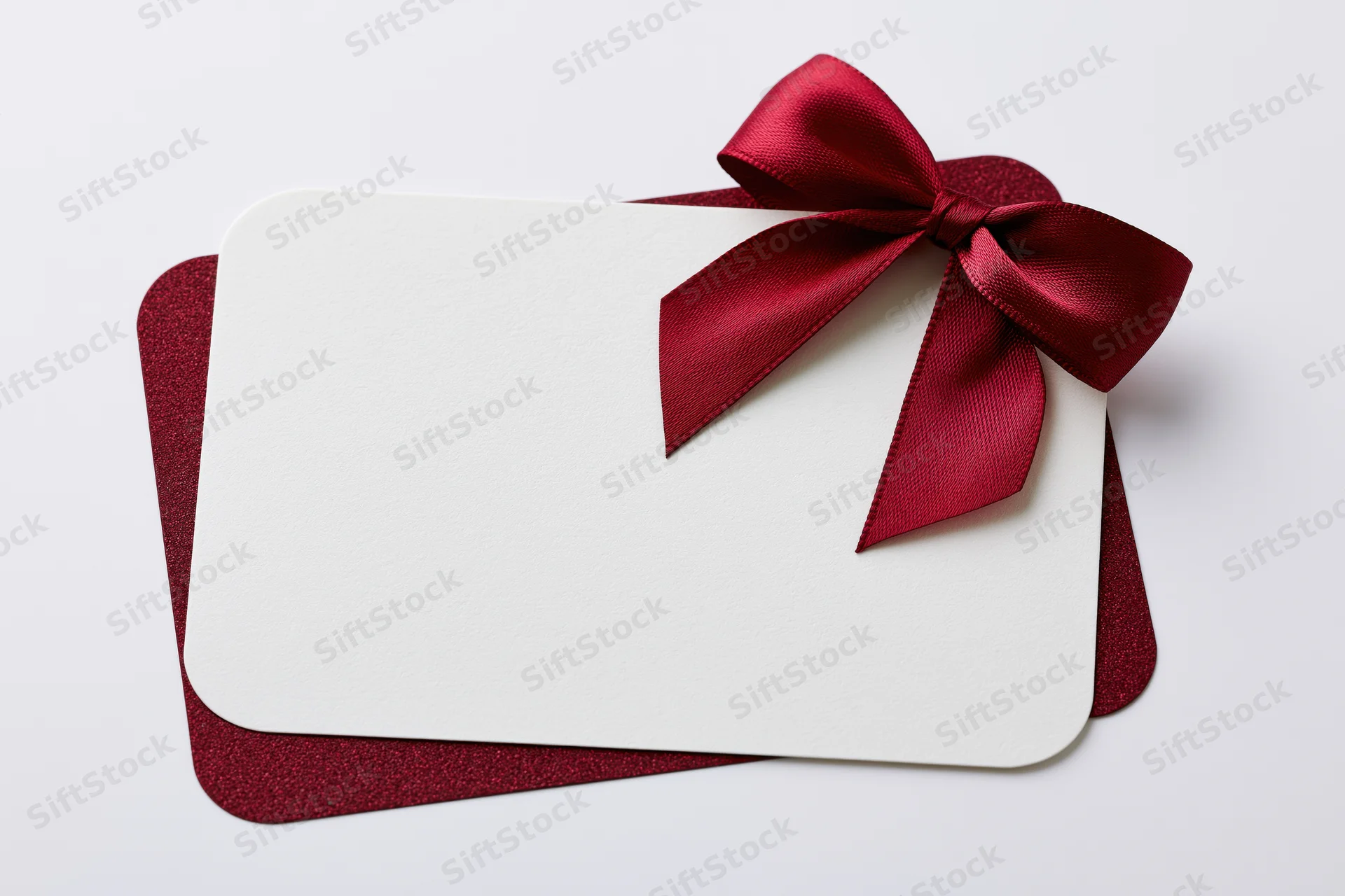 Blank white gift card with red satin ribbon bow on white background