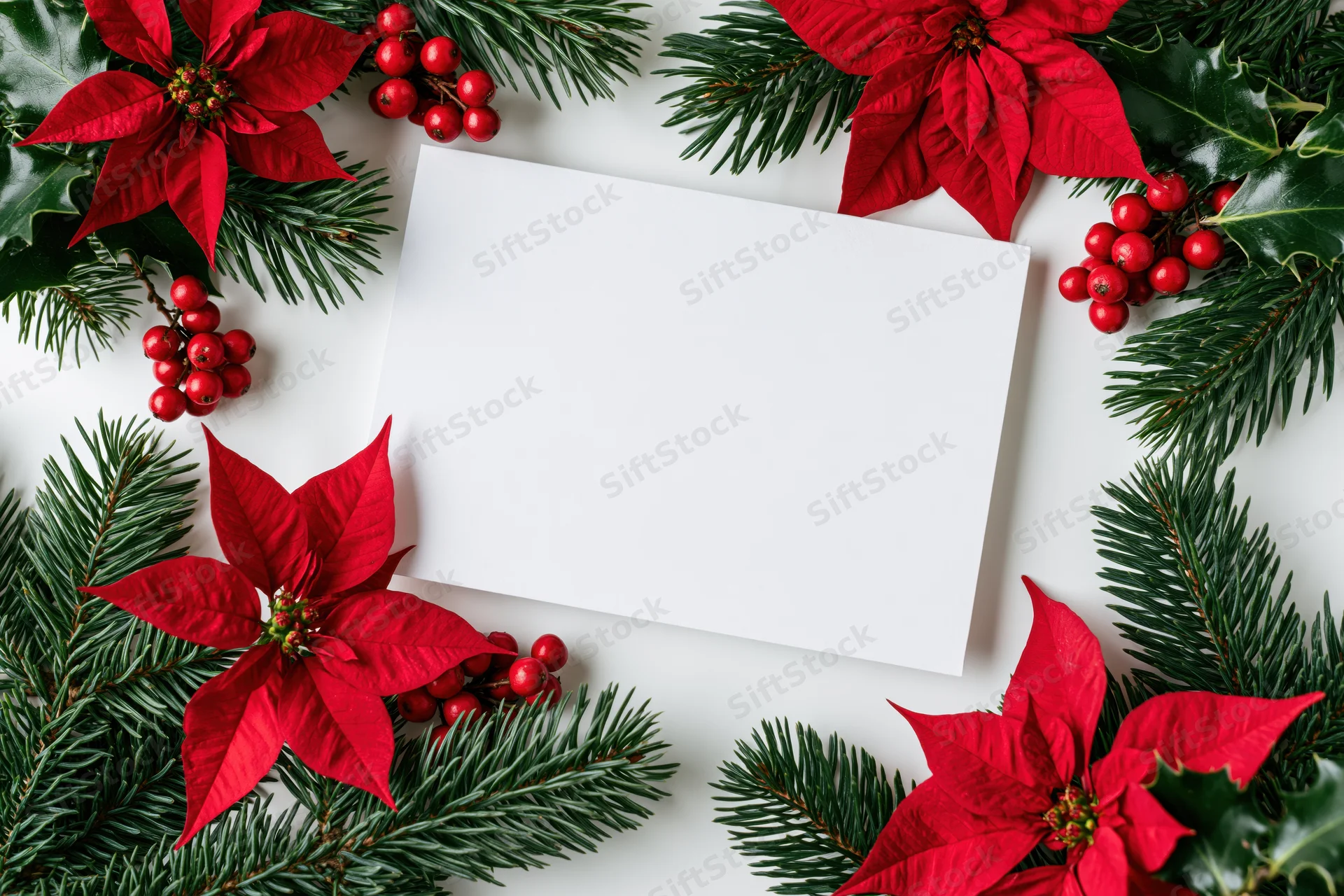 Blank white greeting card centered on a flat lay arrangement of poinsettias, holly, and evergreen branches