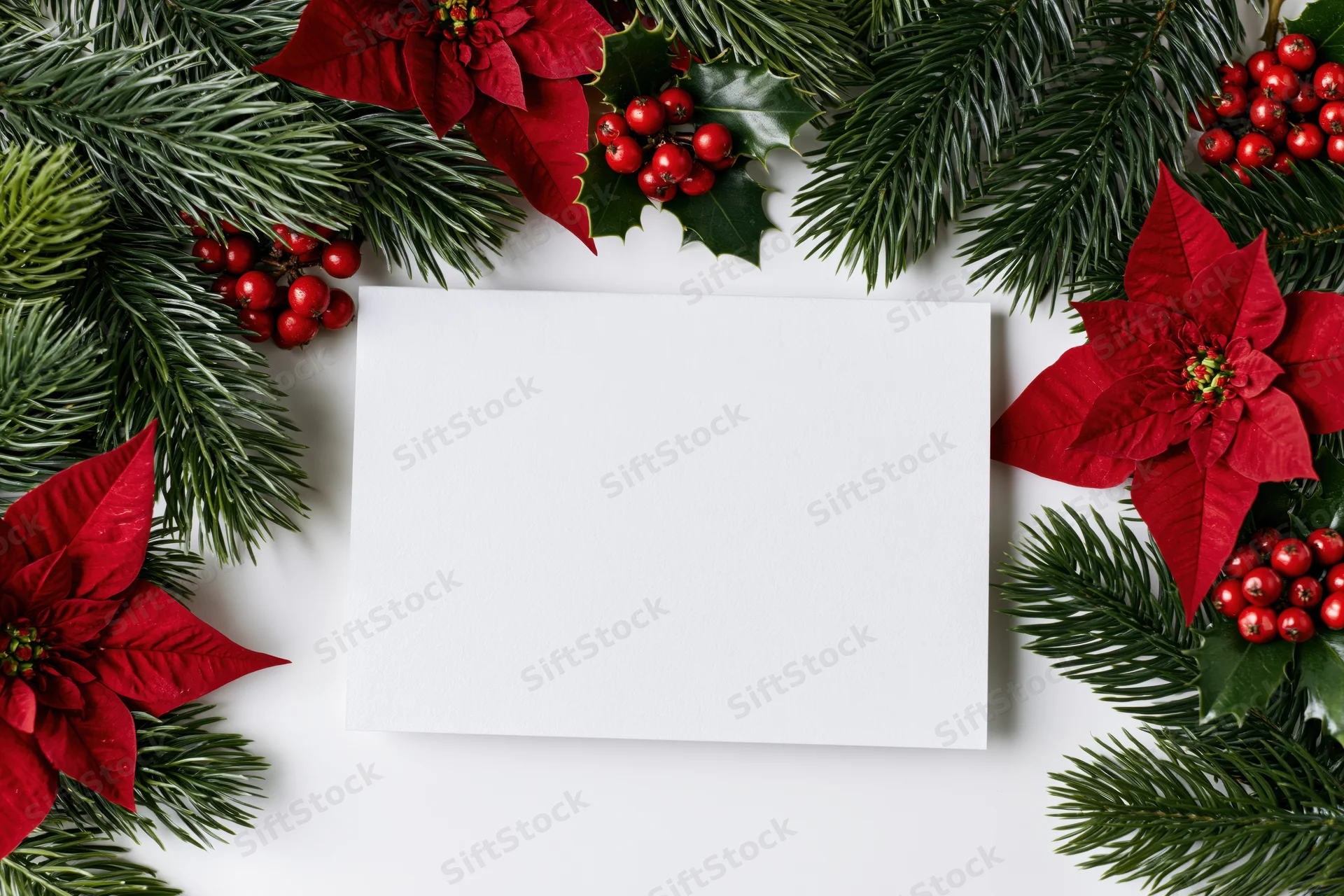 Blank white greeting card centered on a flat lay arrangement of poinsettia, holly, pine branches and red berries