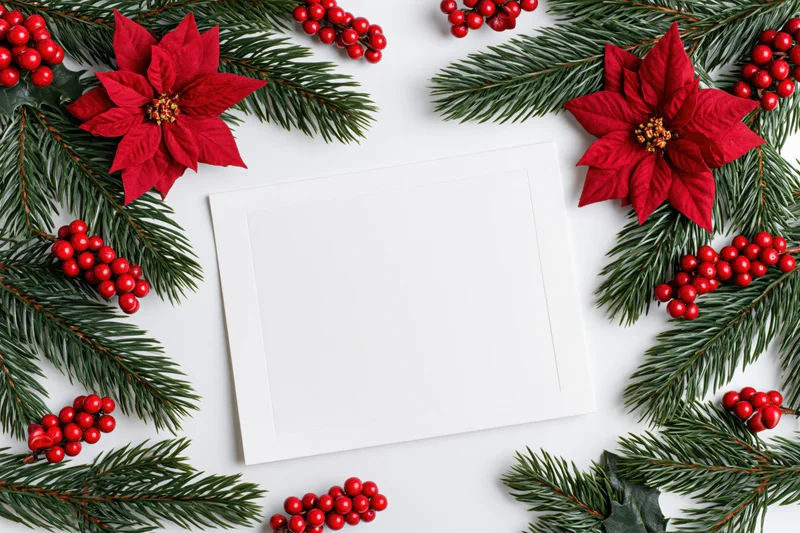 Blank white greeting card centered on a flat lay arrangement of poinsettias, evergreen branches and red berries