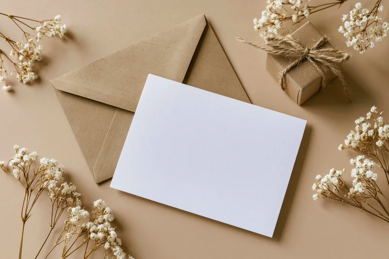 Blank white greeting card lying flat next to a kraft paper envelope and small gift box on beige surface with dried baby's breath flowers arranged around
