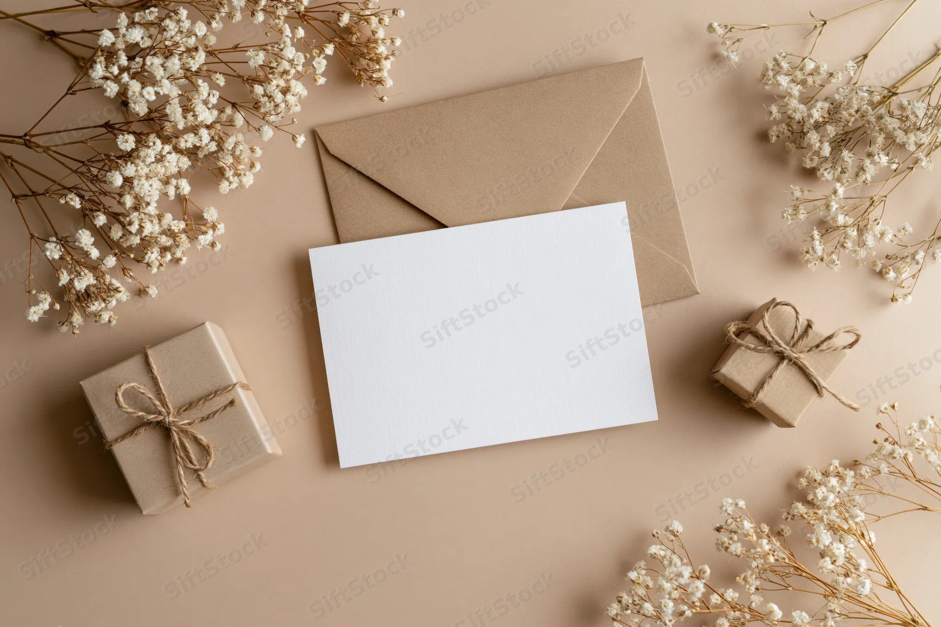 Blank white greeting card with kraft envelope and small gift boxes tied with twine, surrounded by dried baby's breath flowers on beige surface