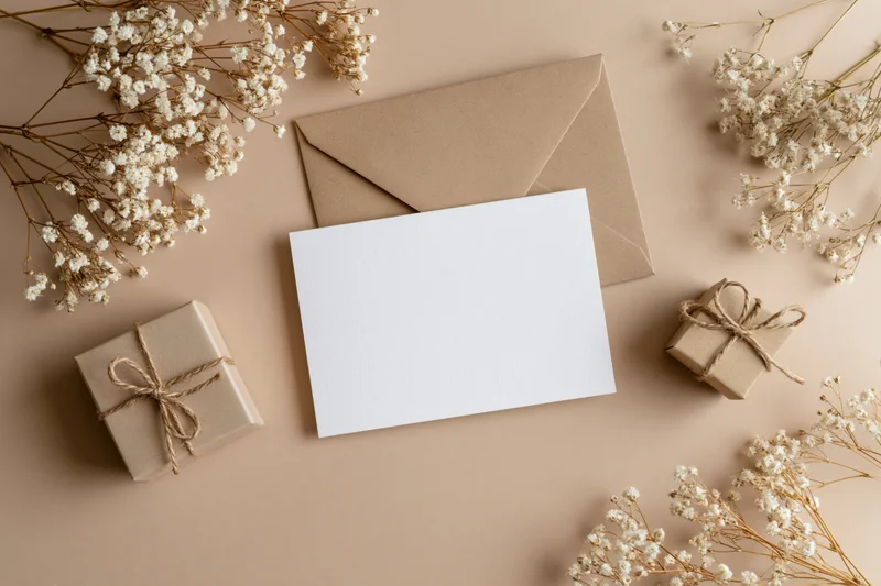 Blank white greeting card with kraft envelope and small gift boxes tied with twine, surrounded by dried baby's breath flowers on beige surface