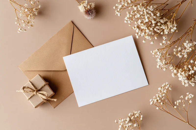 Blank white greeting card with kraft envelope and small gift box arranged on beige surface with dried flowers around
