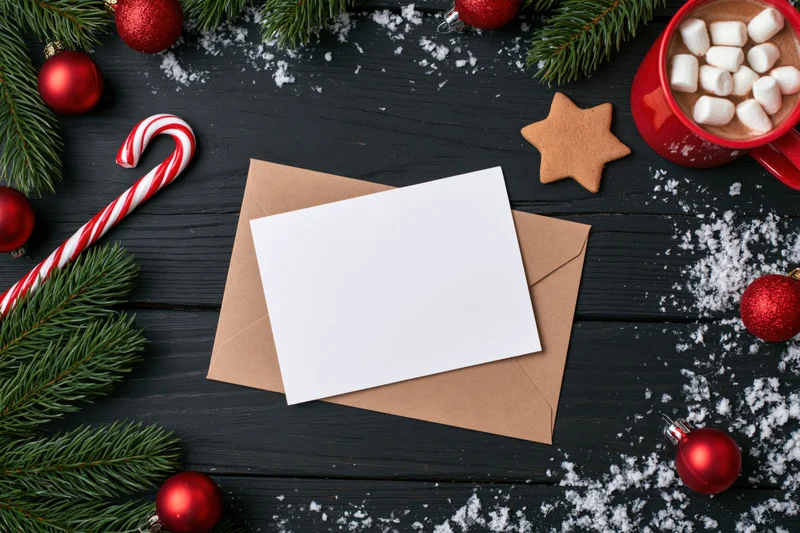 Blank white greeting card on kraft envelope surrounded by christmas decorations on dark wooden surface