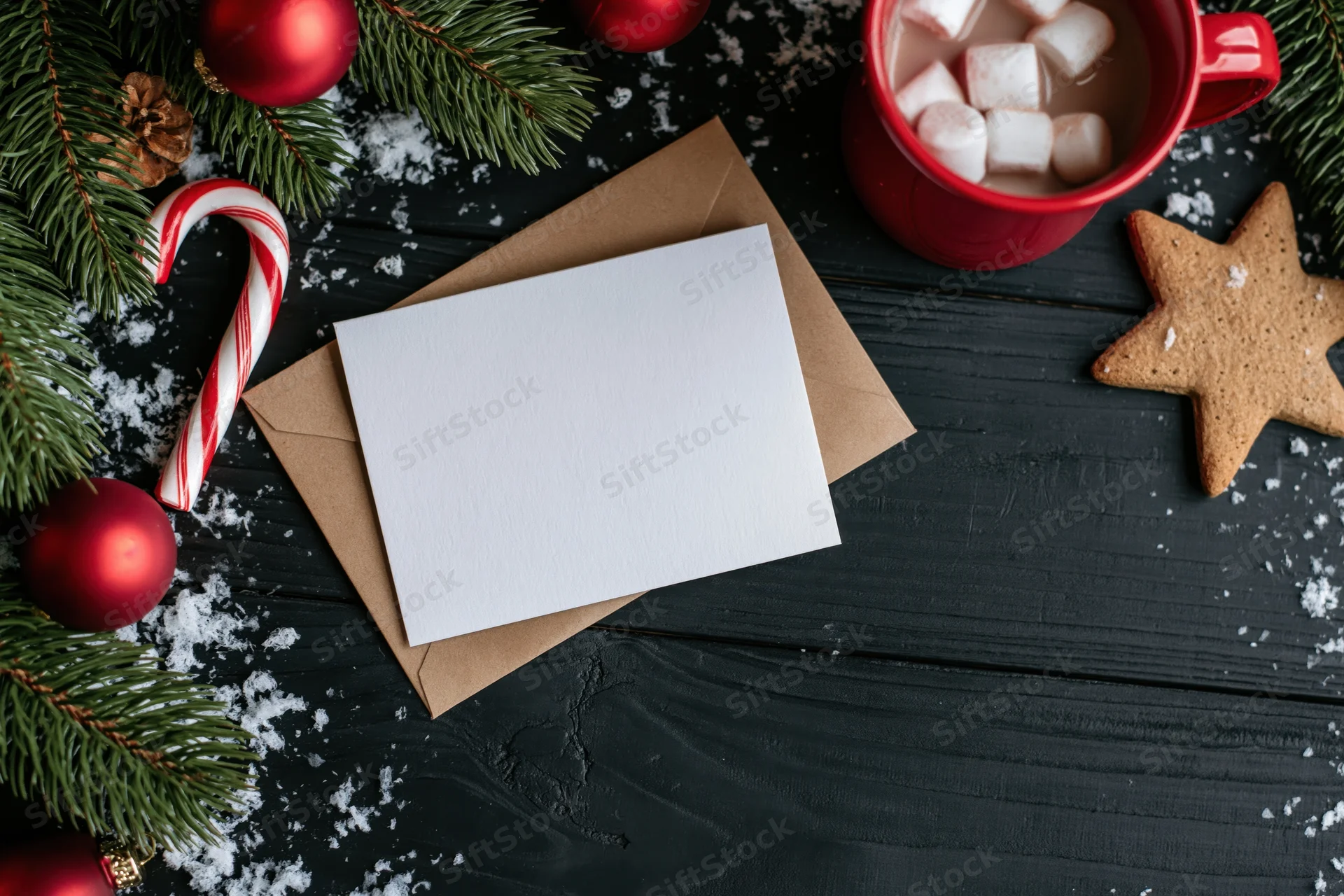 Blank white greeting card on kraft envelope with christmas decorations and hot chocolate on dark wooden table