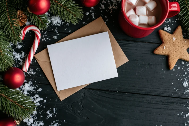 Blank white greeting card on kraft envelope with christmas decorations and hot chocolate on dark wooden table