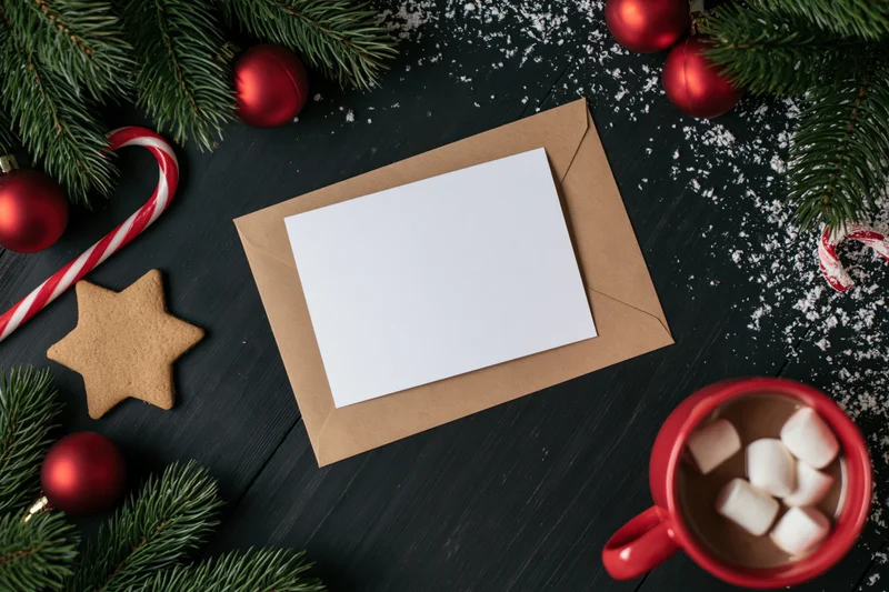 Blank white greeting card on kraft envelope surrounded by christmas decorations and hot chocolate on dark wooden surface