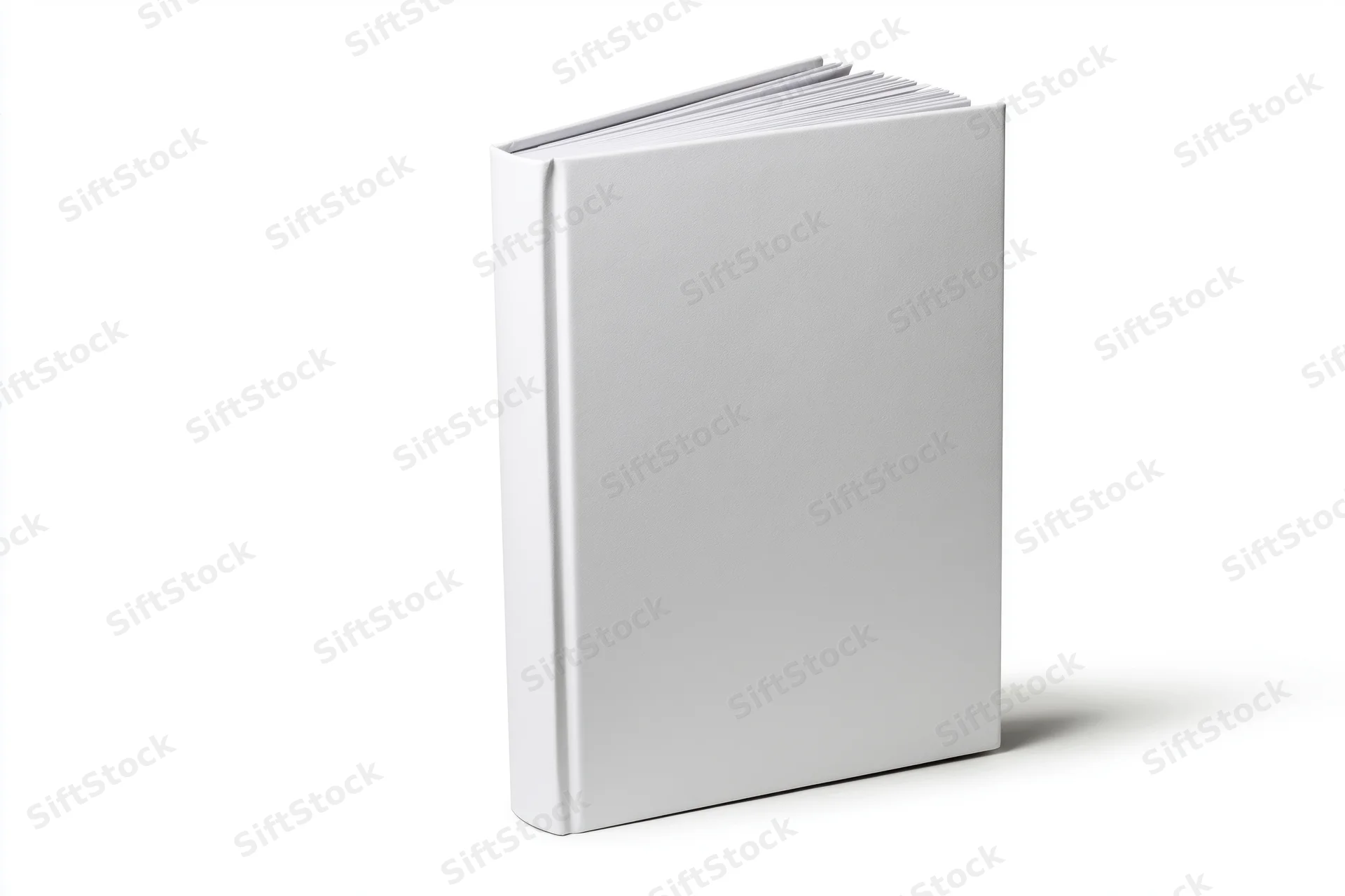 Blank white hardcover book standing upright on white background