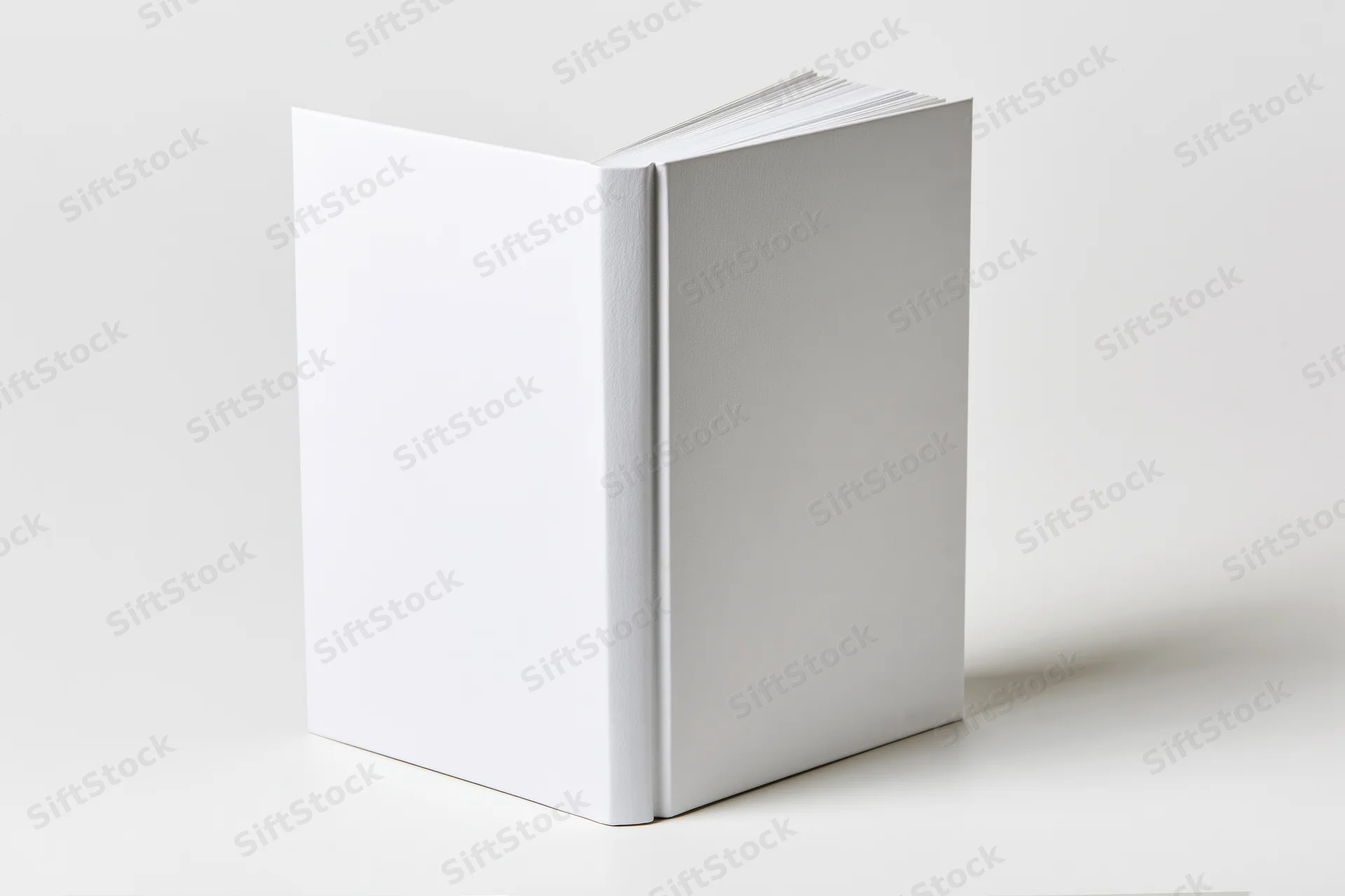 Blank white hardcover book standing upright on a plain white surface with visible spine and pages