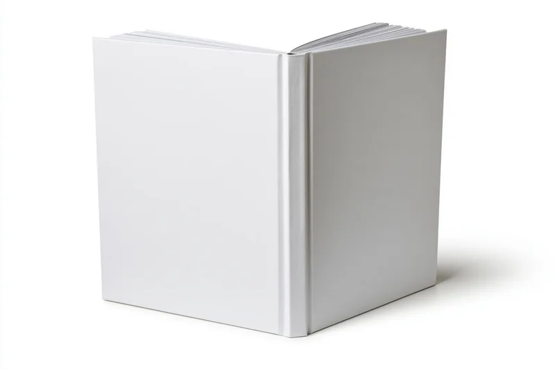Open white hardcover book standing upright with blank covers on plain white background