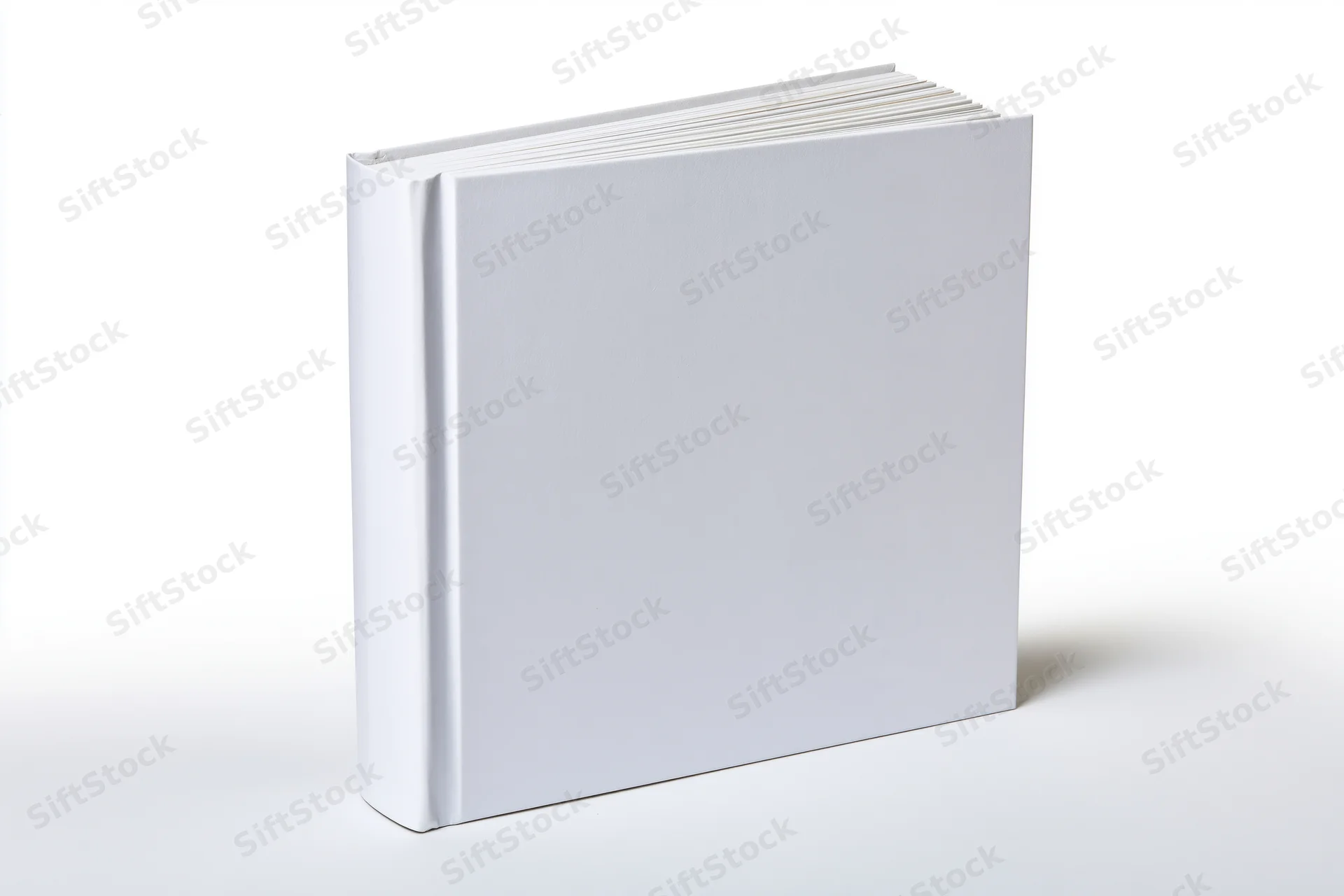 Blank white hardcover book standing upright on a white surface with no text or design on the cover