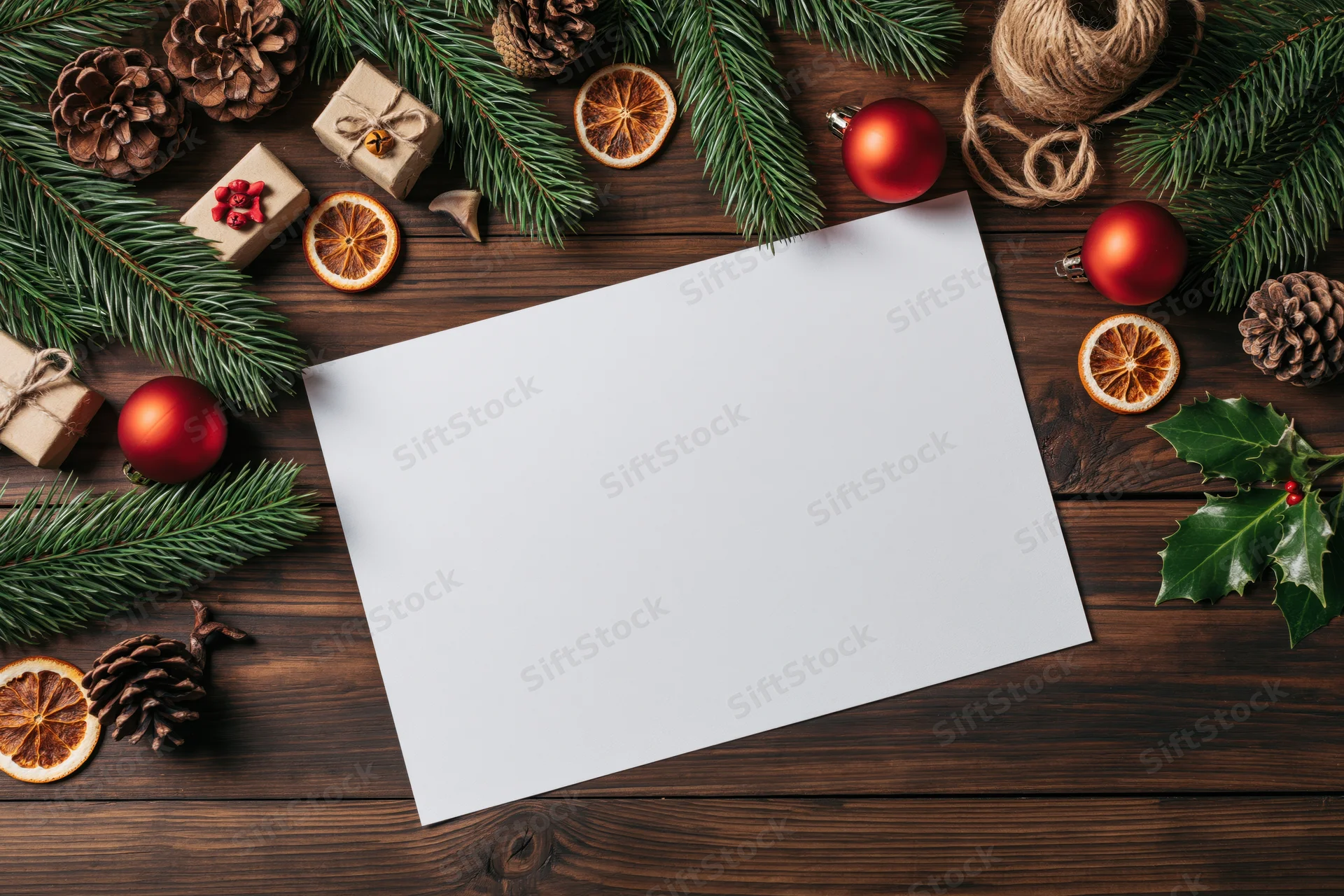 Blank white paper on dark wooden table surrounded by christmas decorations