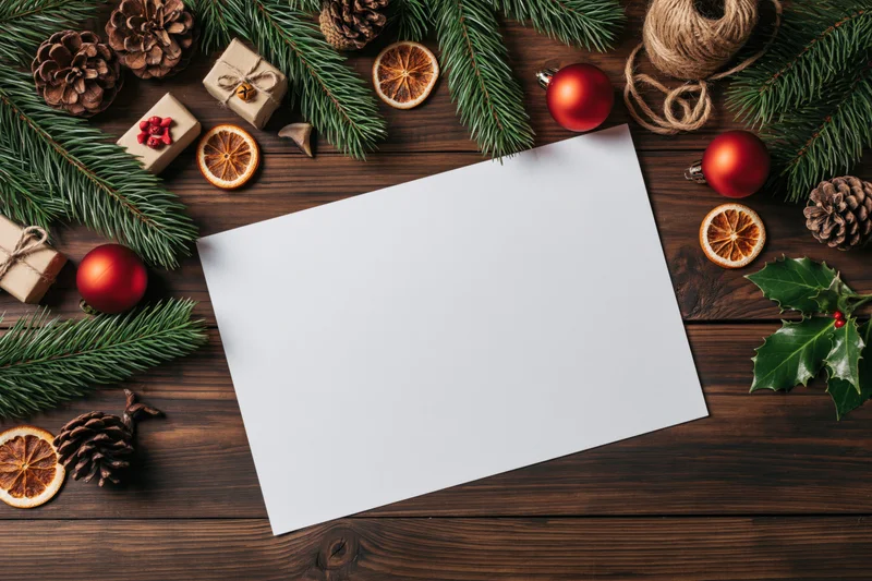 Blank white paper on dark wooden table surrounded by christmas decorations