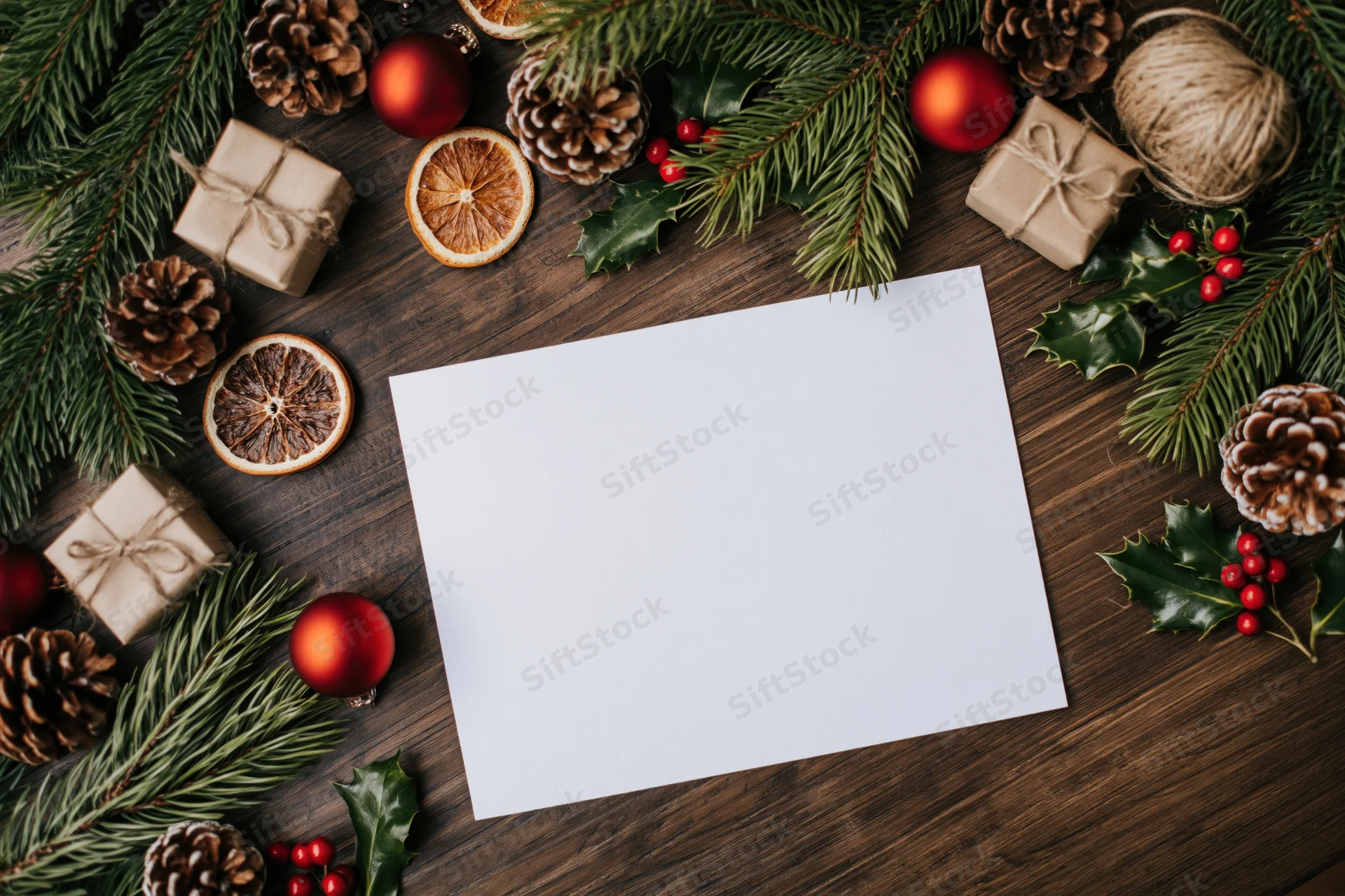Blank white paper on dark wooden table surrounded by christmas decorations