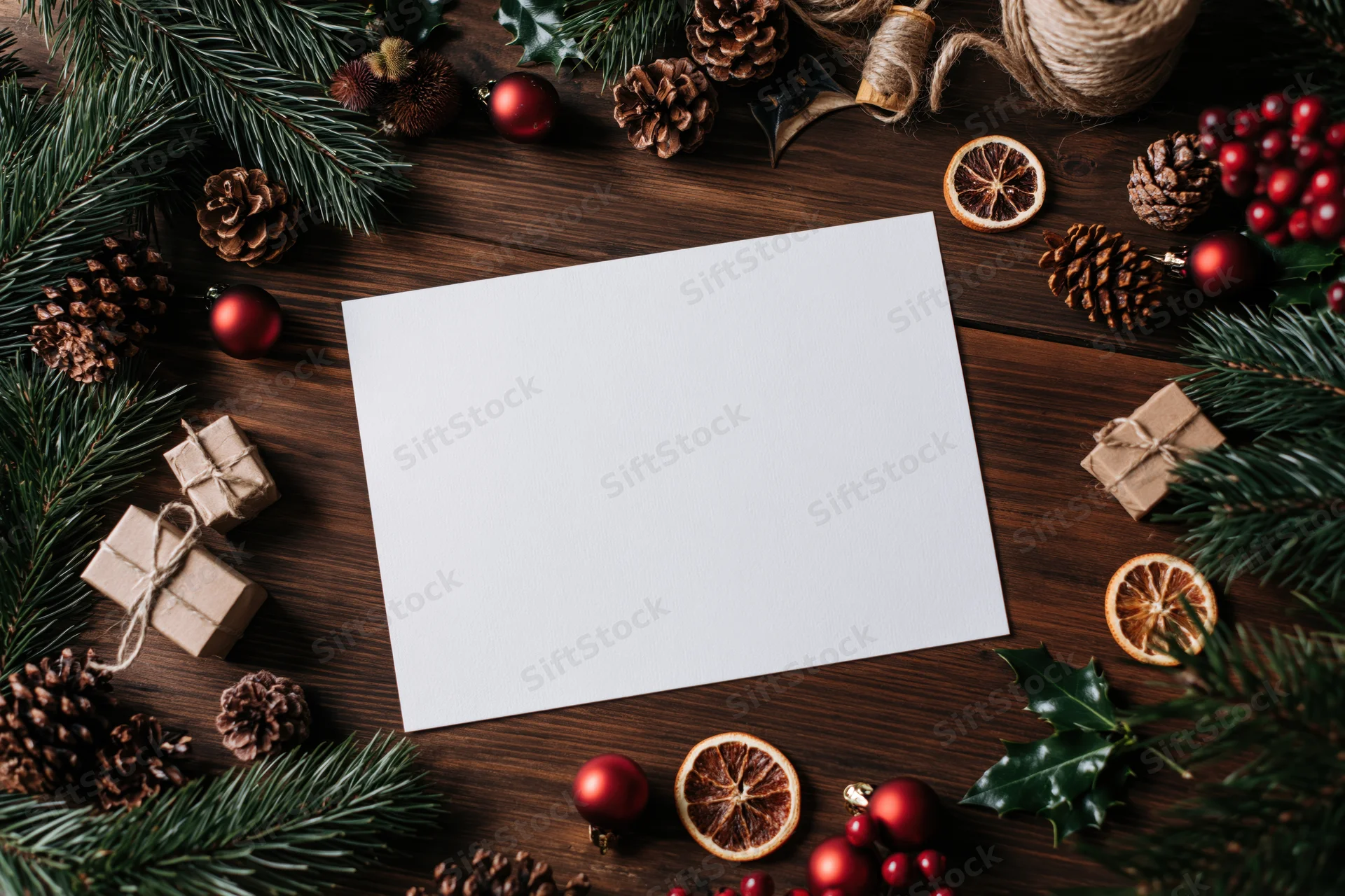 Blank white paper on dark wooden table surrounded by christmas decorations