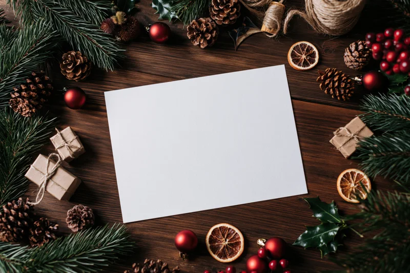 Blank white paper on dark wooden table surrounded by christmas decorations