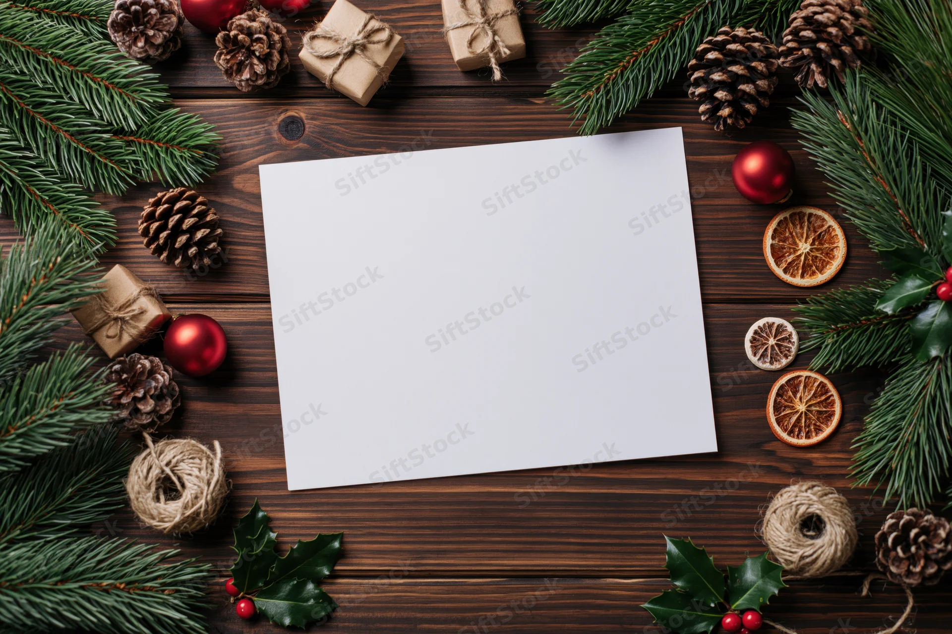 Blank white paper on dark wooden table surrounded by christmas decorations