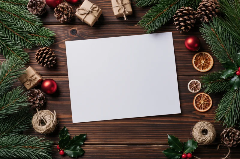 Blank white paper on dark wooden table surrounded by christmas decorations