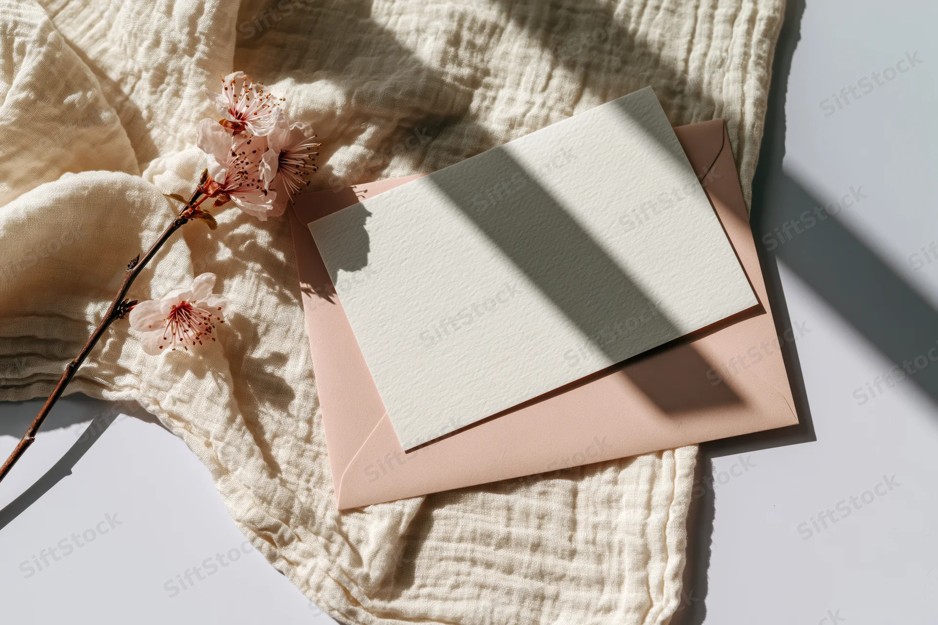Blank textured card on blush envelope with cherry blossoms on crumpled cream fabric under sunlight
